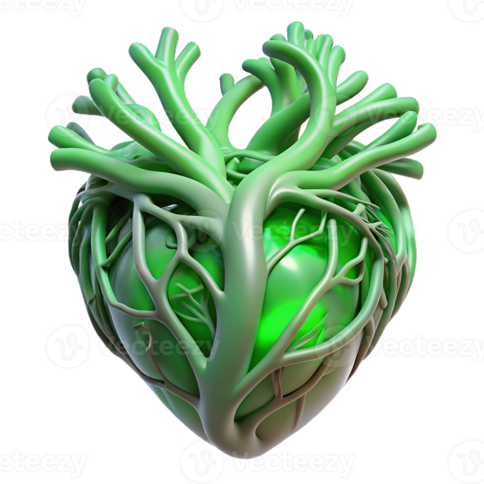 stunning modern A human heart made of interwoven tree branches, pulsating with a soft, green light. Fantasy art style authentic png