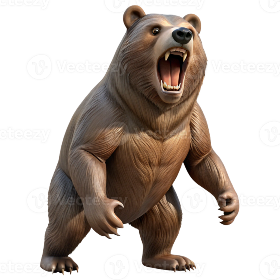 elegant vintage A powerful grizzly bear standing on its hind legs, roaring towards the sky, depicted in a dynamic, action-packed style 4K png