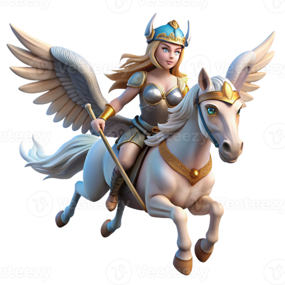 stunning classic A beautiful Valkyrie with winged helmet and spear, riding a flying horse, against a backdrop of the Northern Lights. Norse mythology style 4K png