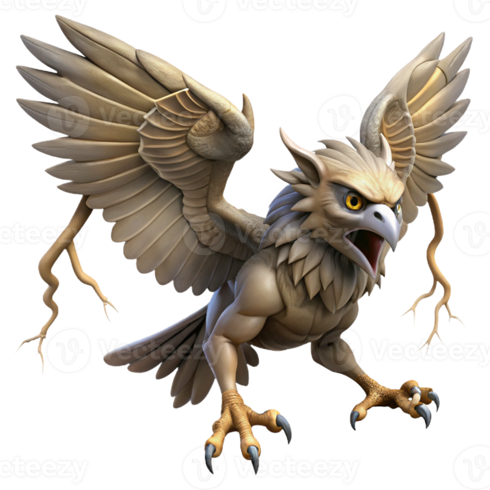 serene traditional A fierce harpy with sharp talons and leathery wings, swooping down from a stormy sky, lit by flashes of lightning. Baroque style premium png