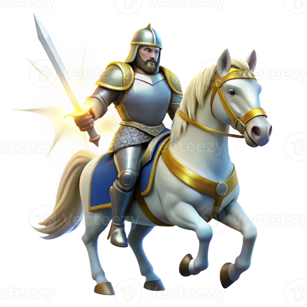 elegant rustic A noble knight in shining armor, riding a majestic white horse, wielding a gleaming sword, illuminated by the bright sunlight. Medieval romance style high quality png