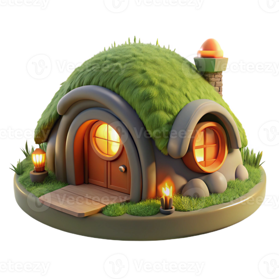 stunning abstract A cozy hobbit hole built into a grassy hillside, lit by a warm fire within, watercolor painting style authentic png