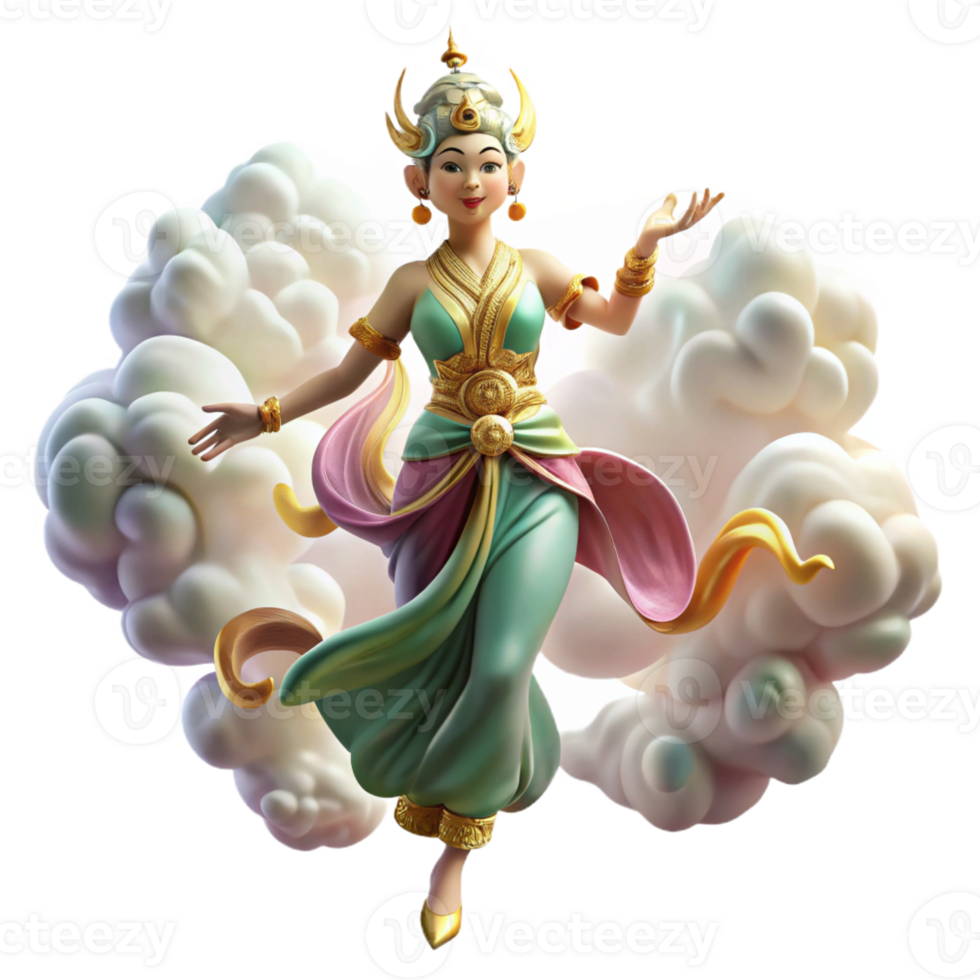serene creative A graceful apsara with flowing silk robes, dancing amongst clouds in the heavens. Ethereal, soft lighting. Southeast Asian style original png