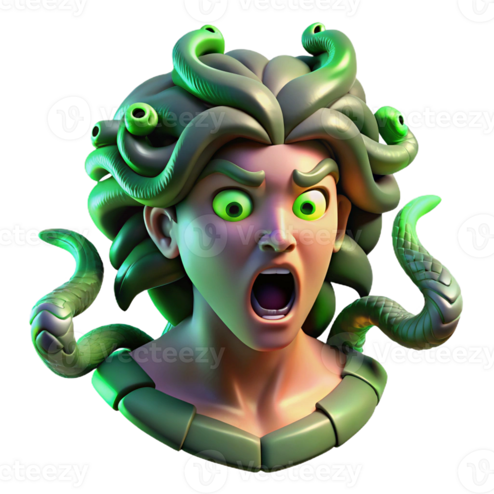 beautiful traditional A fearsome gorgon with snakes for hair turning a warrior to stone, illuminated by a flash of green light, in a dramatic and horrifying style premium png