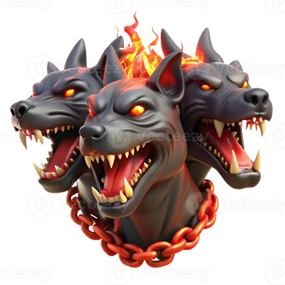 elegant classic A three-headed Cerberus, each head snarling, bathed in the hellish red glow of lava, chains made of blackened bone dangling from its necks. Hyperrealistic style 4K png