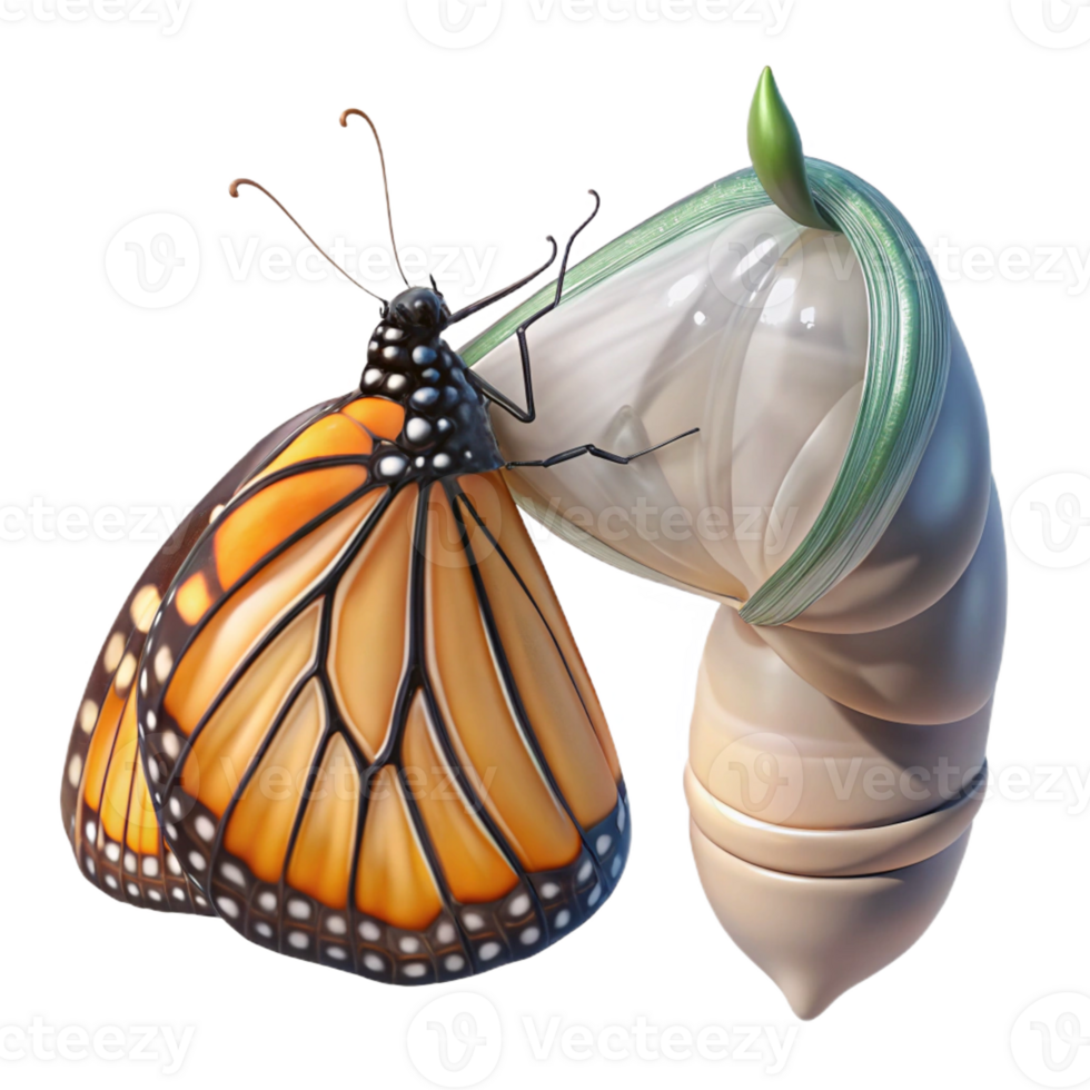 beautiful creative A monarch butterfly emerging from its chrysalis, wings still wet and crumpled, macro photography, soft lighting exclusive png
