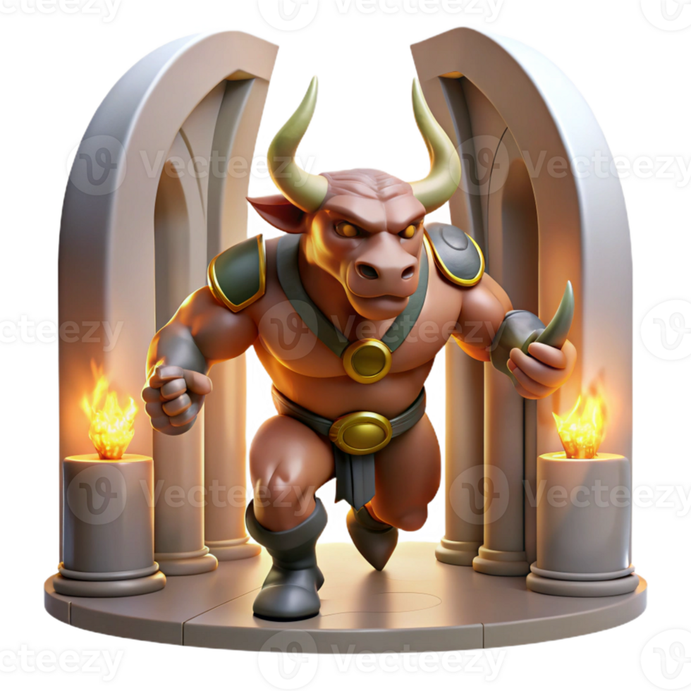 serene rustic A powerful minotaur with bronze horns and rippling muscles, charging through a labyrinthine corridor, lit by flickering torches. Chiaroscuro style original png