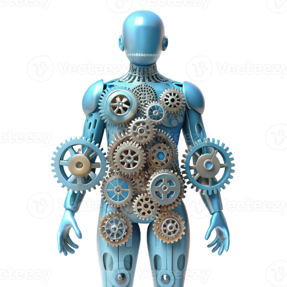 elegant vintage A human figure composed entirely of interconnected gears and wires, standing in a desolate, industrial landscape, lit by a flickering, neon sign. Steampunk style exclusive png