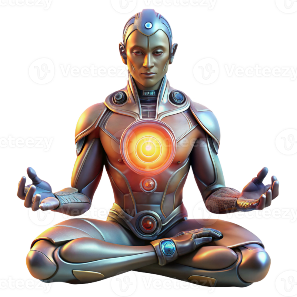 stunning minimalist A cyborg with intricate, glowing tattoos meditating in a serene, futuristic garden, bathed in the warm glow of a holographic sun. Fantasy art style detailed png