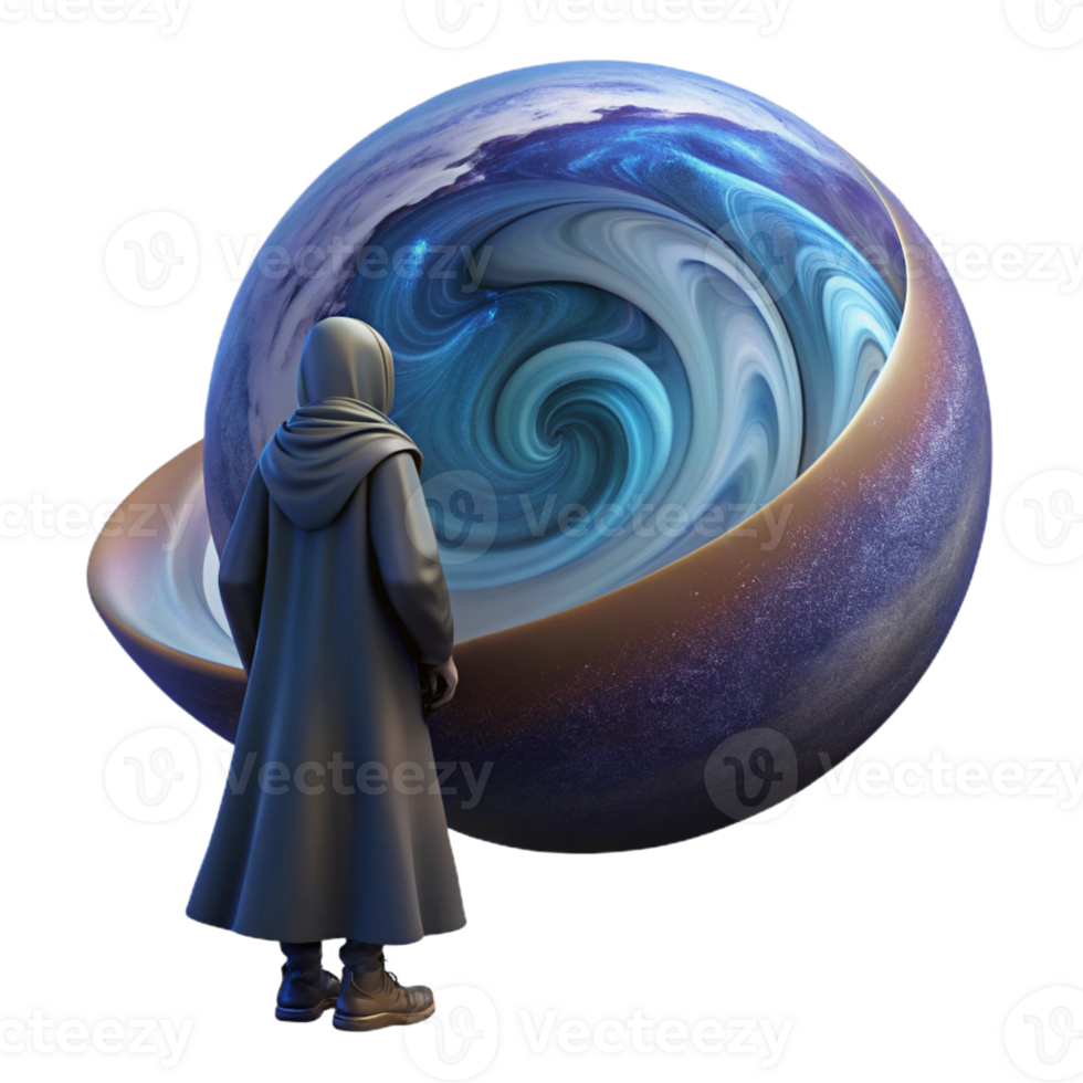 extraordinary rustic A solitary figure in a hooded cloak standing on a desolate, futuristic planet, gazing at a giant, swirling vortex in the sky. Fantasy art style 4K png