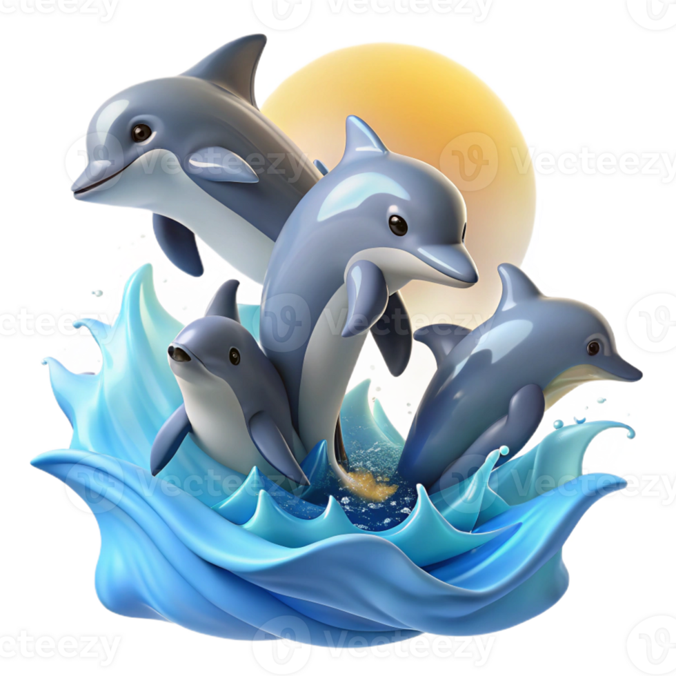 extraordinary rustic A playful group of dolphins leaping out of the ocean waves, illuminated by the bright midday sun, in a photorealistic style professional png