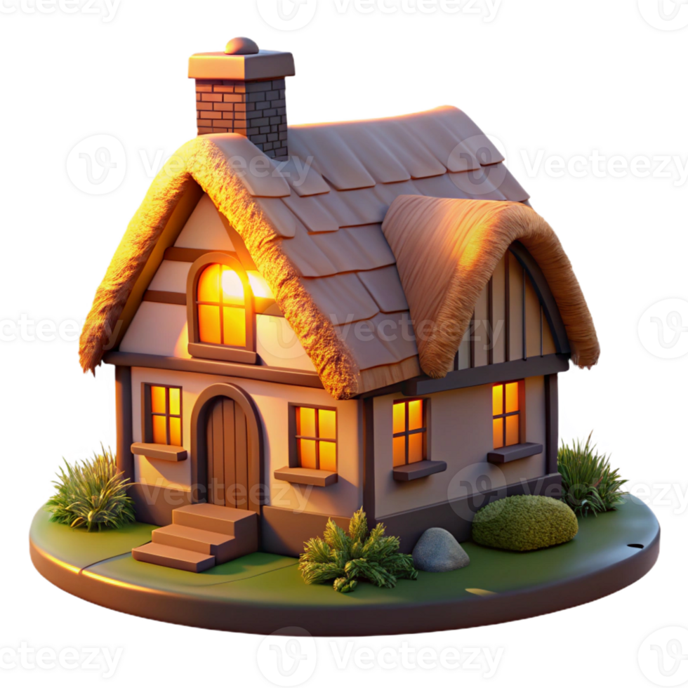 elegant vintage A traditional thatched roof cottage in a picturesque English countryside, illuminated by the warm light of a setting sun, romantic painting style authentic png