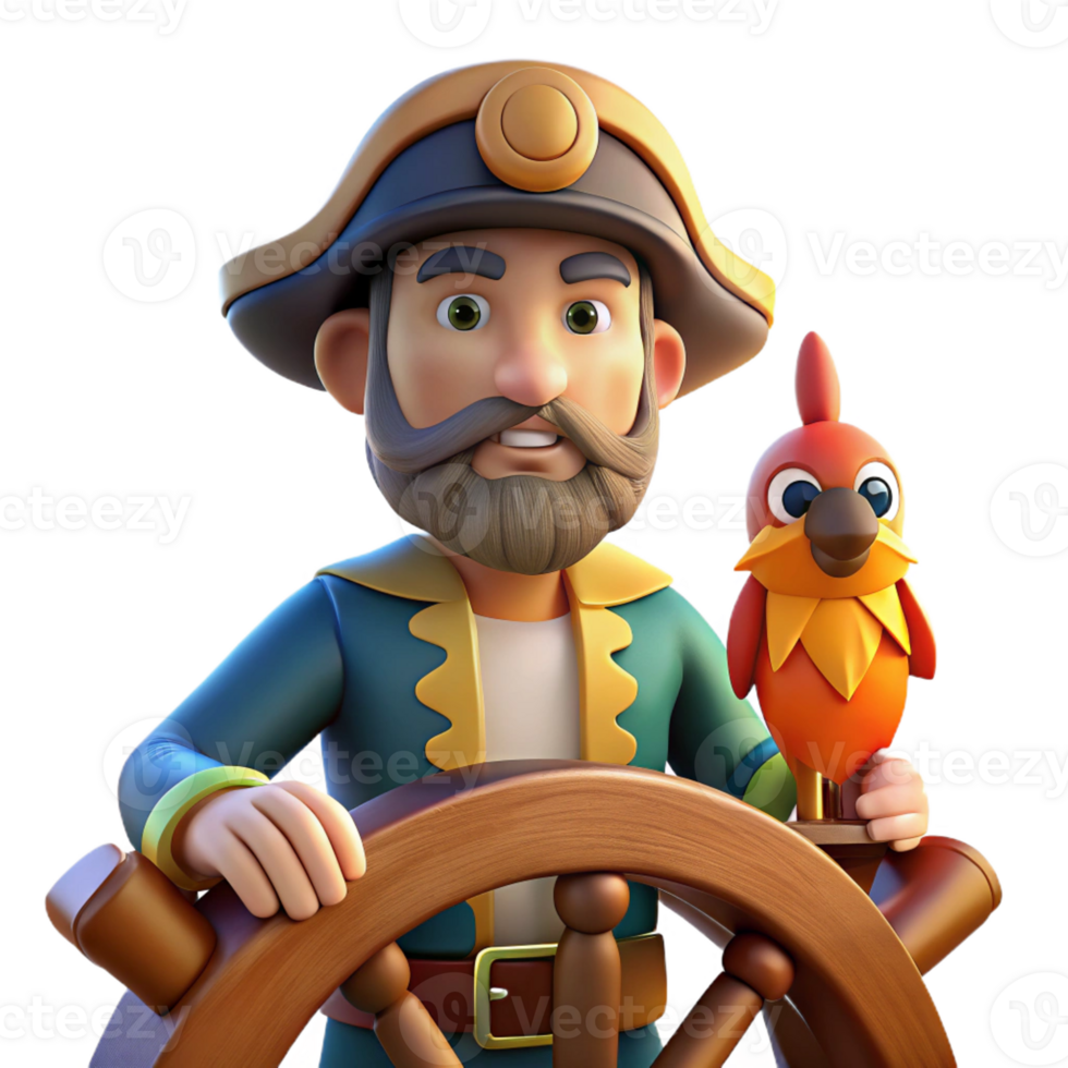 elegant contemporary A cartoon pirate with a parrot on their shoulder, standing at the helm of a ship, the warm glow of a sunset illuminating the ocean, drawn in a classic cartoon style genuine png