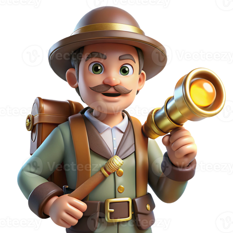 serene modern A curious steampunk explorer with a leather satchel, brass telescope, and a pith helmet, illuminated by the bright sun in a comic book style exclusive png