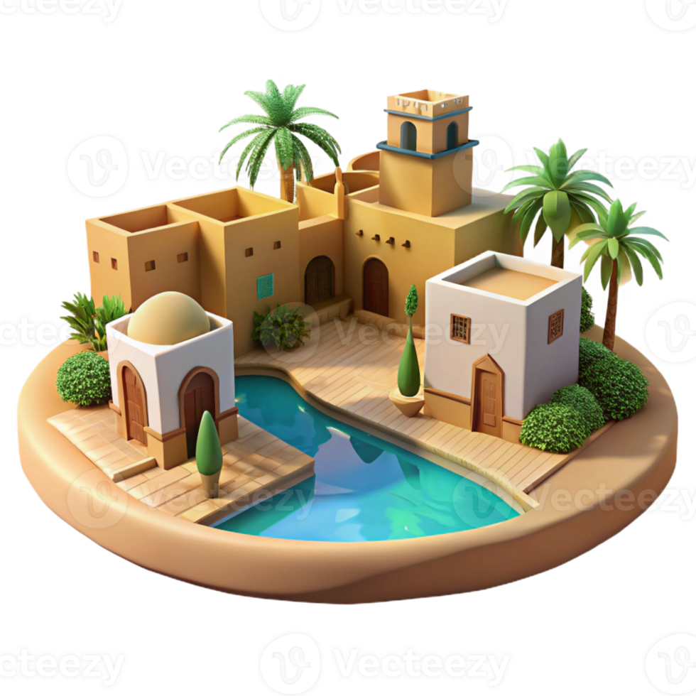 wonderful traditional Desert oasis village, adobe buildings, palm trees, shimmering water, warm sunlight, desert architecture style original png