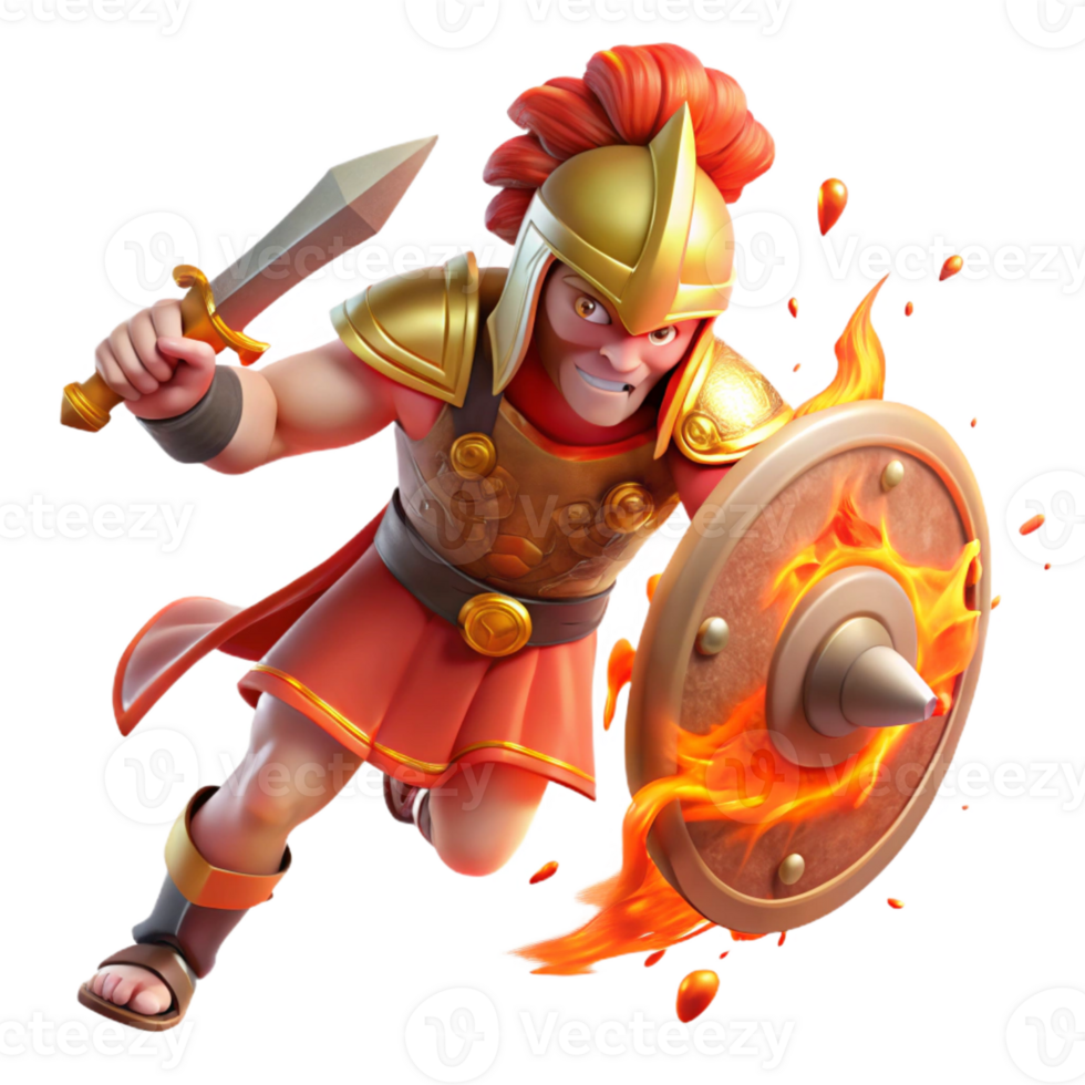 beautiful minimalist A fierce Ares with a blood-stained sword and shield, charging into battle. Roman style. Fiery, chaotic lighting authentic png