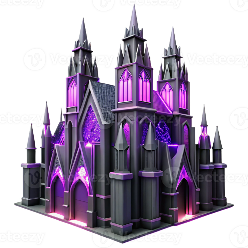 magnificent artistic A towering gothic cathedral made of obsidian glass, illuminated by internal neon purple lights, Art Deco style 4K png