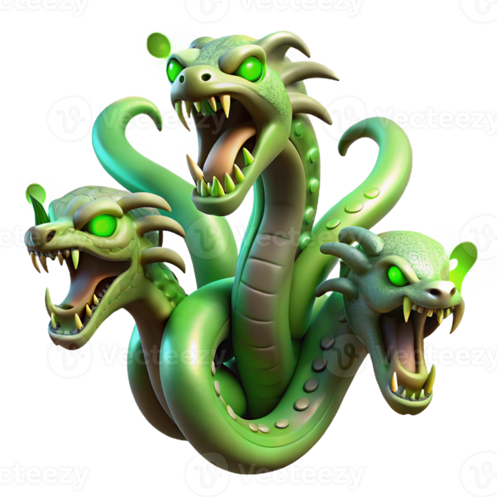 dramatic rustic A wrathful hydra with multiple serpentine heads, each spitting venom, bathed in an eerie green light. Baroque style professional png