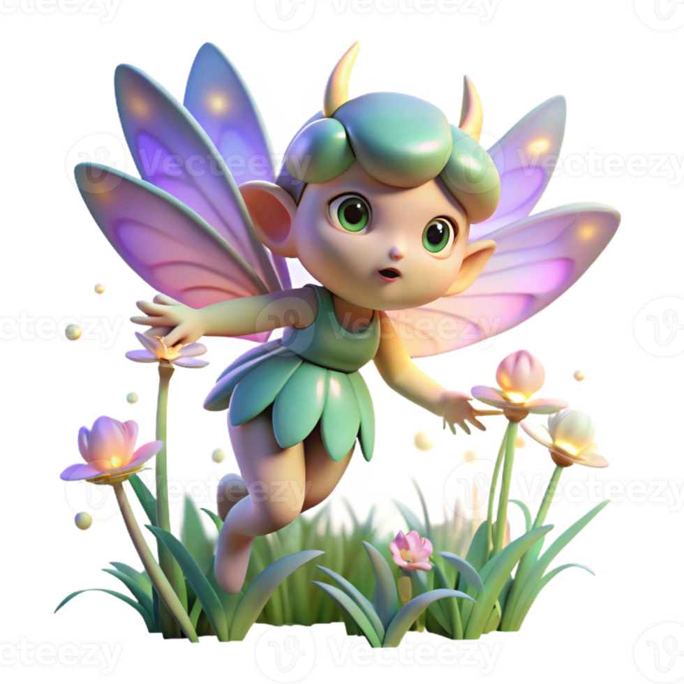 extraordinary traditional A playful pixie with iridescent wings, hovering above a field of wildflowers, lit by the soft glow of fireflies. Dreamlike style high resolution png