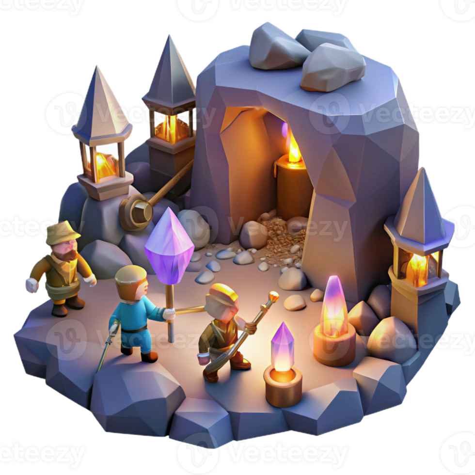 extraordinary minimalist A group of dwarves mining for gems in a dark cave, illuminated by glowing crystals and lanterns, in a realistic style premium png