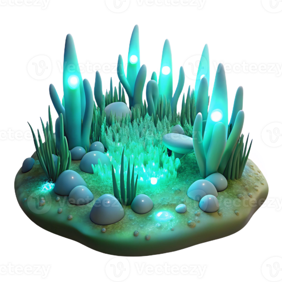 dramatic contemporary A field of glowing, phosphorescent algae, creating a mesmerizing, underwater scene, with a soft, bioluminescent light and a marine biology style detailed png