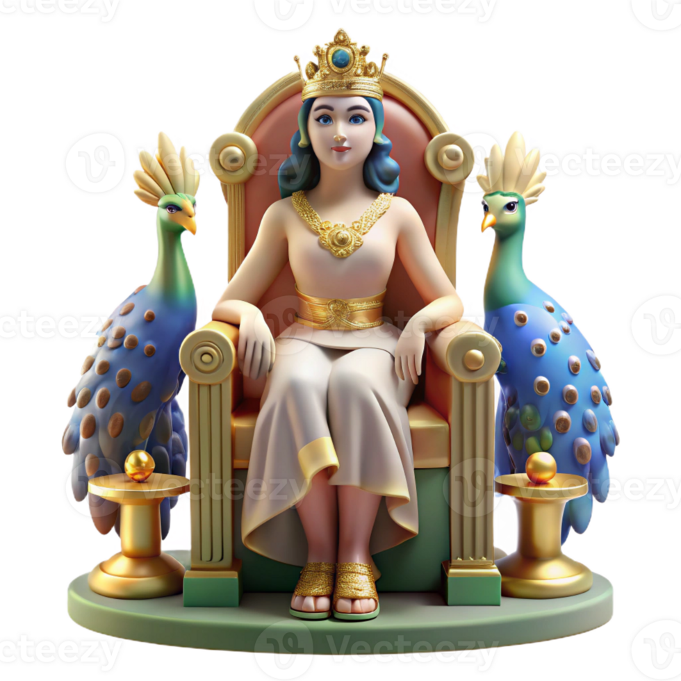 beautiful creative A loving Hera with a regal demeanor, seated on a throne adorned with peacocks. Classical style. Soft, warm lighting genuine png