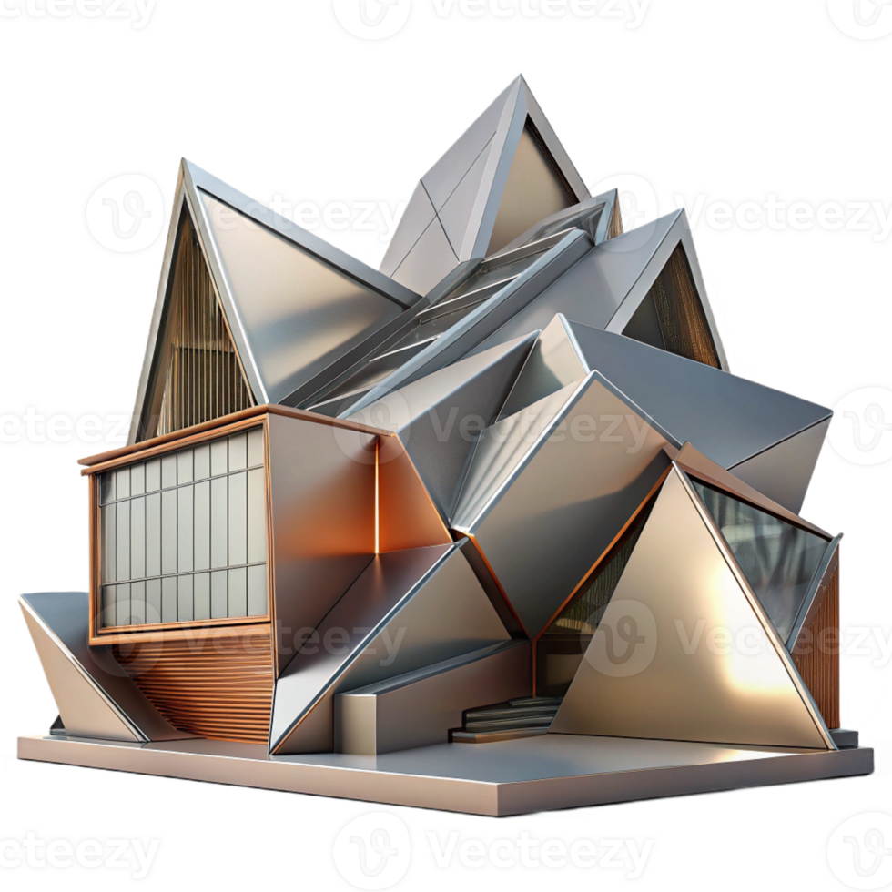 stunning abstract Deconstructivist museum, fragmented forms, sharp angles, metallic cladding, modern architecture detailed png