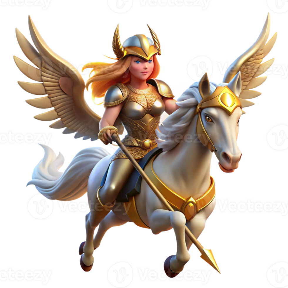 impressive creative A beautiful valkyrie with winged helmet and spear, riding a winged horse, bathed in the golden light of Valhalla. Norse mythology style high quality png