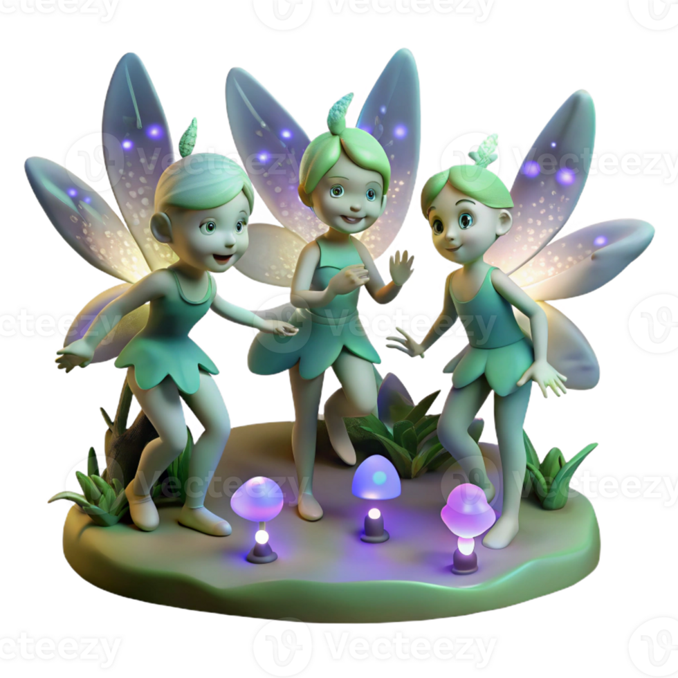 magnificent minimalist A group of playful pixies with iridescent wings, dancing in a moonlit glade, bioluminescent flora illuminating the scene, whimsical and enchanting style original png
