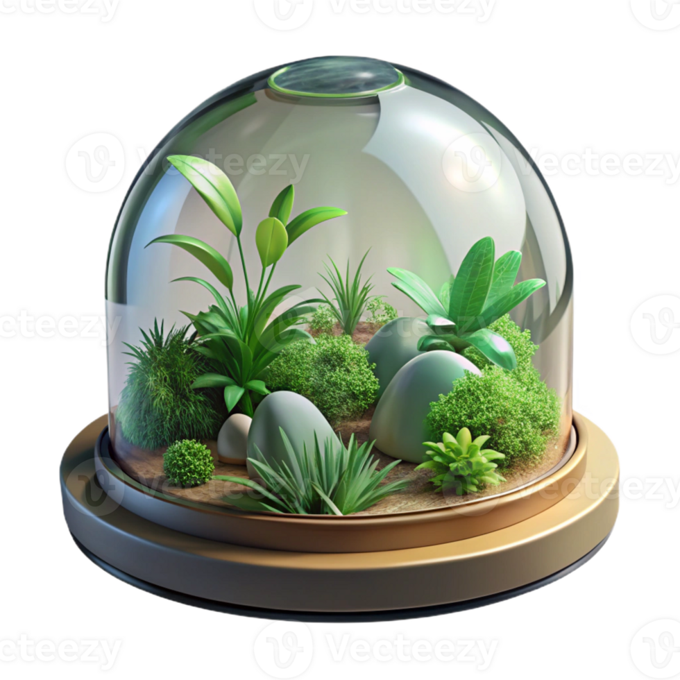 serene traditional A glass dome biosphere housing a lush tropical ecosystem, bright sunlight, botanical illustration authentic png