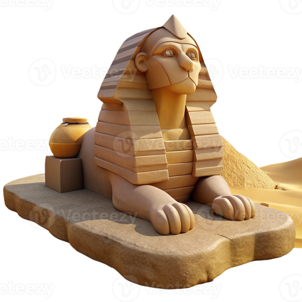 wonderful abstract A stoic sphinx with weathered stone features, gazing out over a desolate desert, under the harsh midday sun. Egyptian tomb painting style high quality png