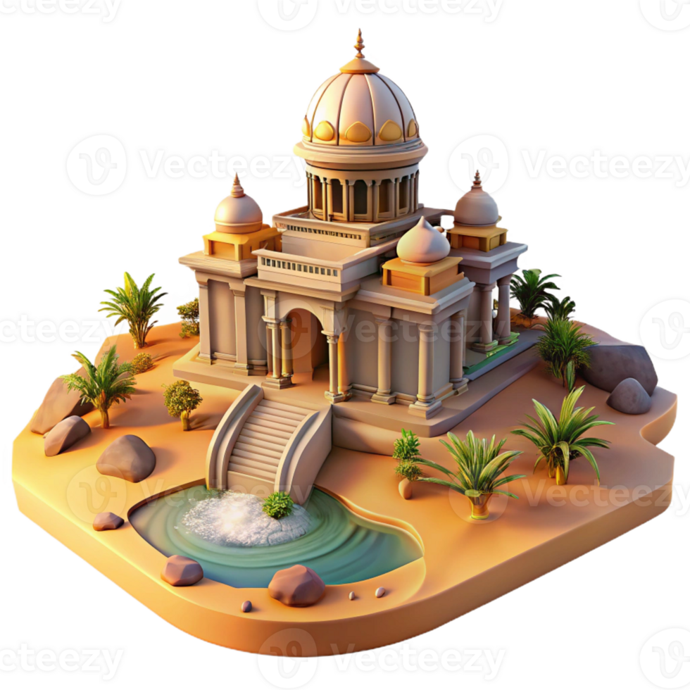 extraordinary traditional A desert oasis centered around a majestic, intricately carved sandstone temple, bathed in the golden light of sunset, digital painting style high quality png