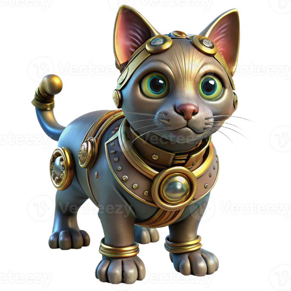 beautiful rustic Steampunk cat, metallic fur, intricate clockwork collar, playful lighting high resolution png