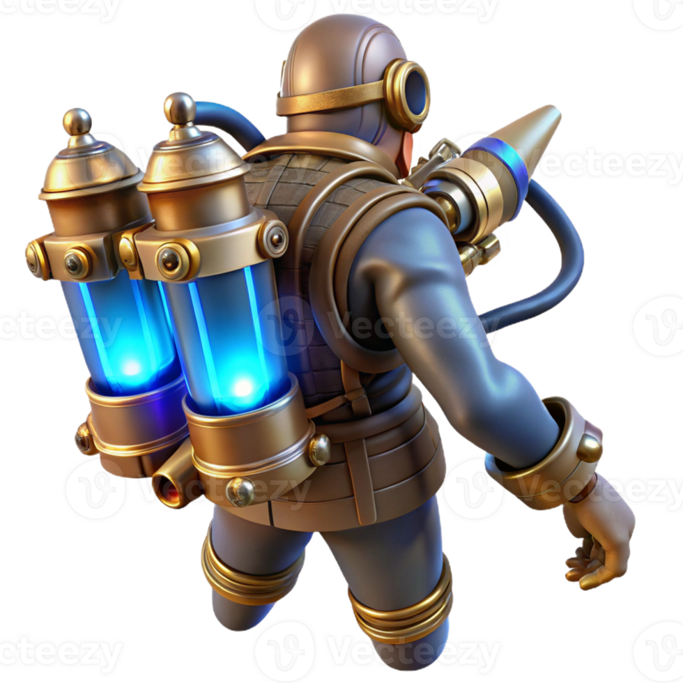 extraordinary contemporary A steampunk jetpack with brass nozzles, intricate piping, and glowing blue flames, strapped to a figure's back, lit by a dramatic backlight premium png