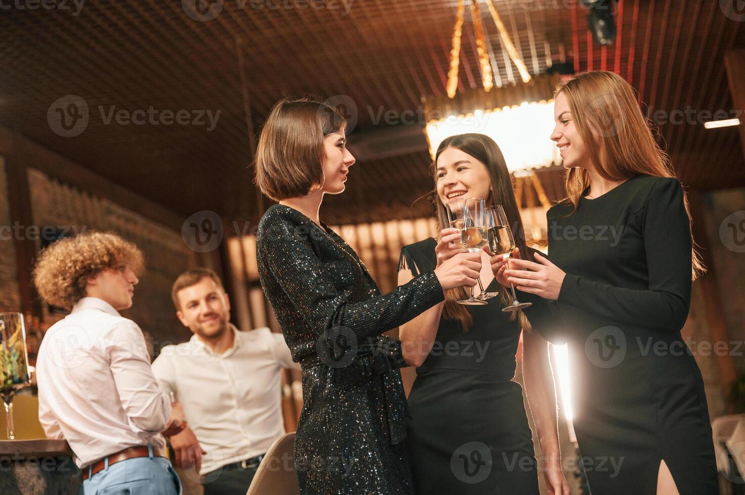 Women are ,having fun. Group, of people in beautiful elegant clothes are celebrating New Year indoors together photo