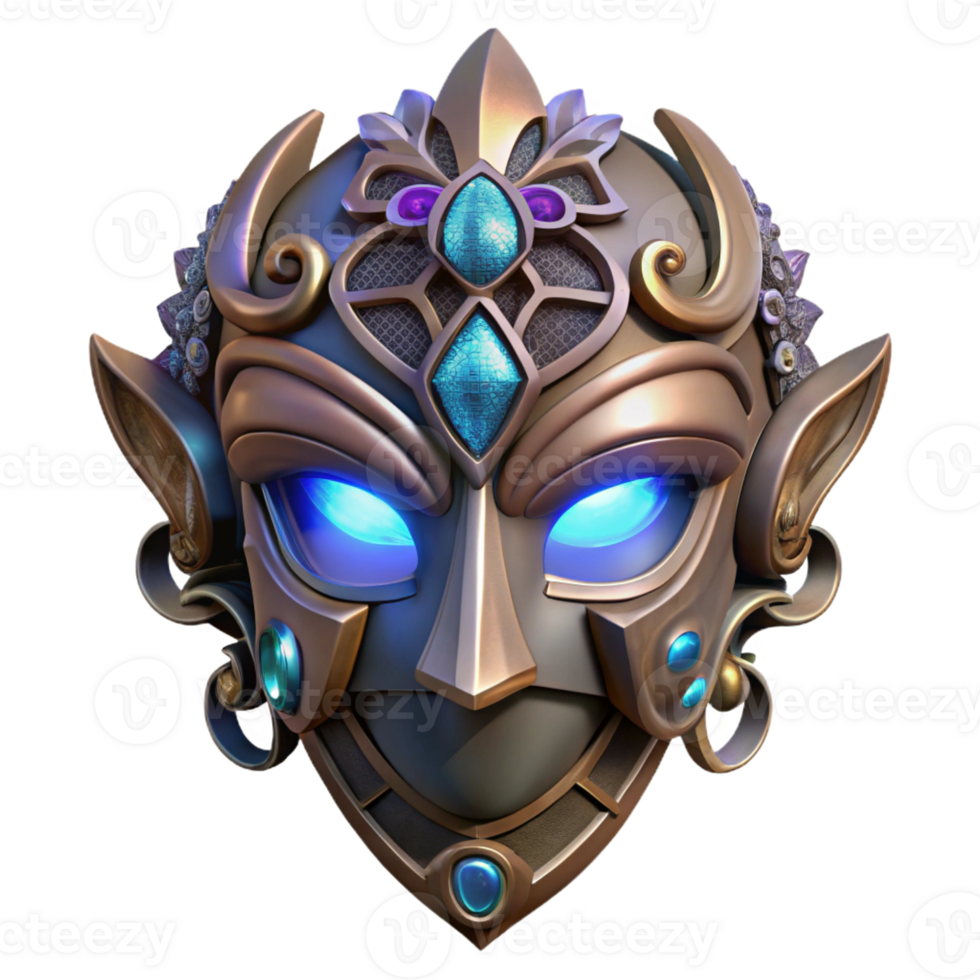 stunning traditional A steampunk mask, ornate filigree design, glowing crystal accents, dark and mysterious lighting 4K png