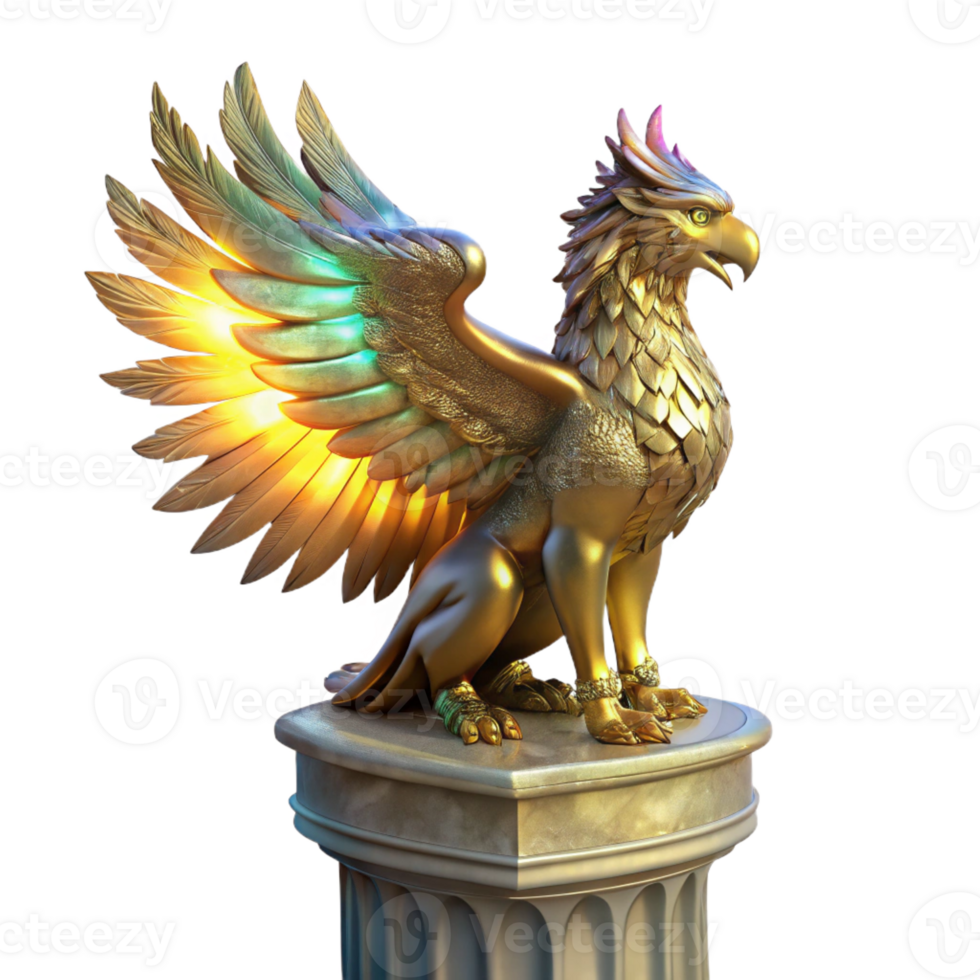 beautiful creative A majestic griffin with iridescent feathers, perched atop a crumbling marble pedestal, illuminated by a single shaft of golden light, in a hyperrealistic style premium png