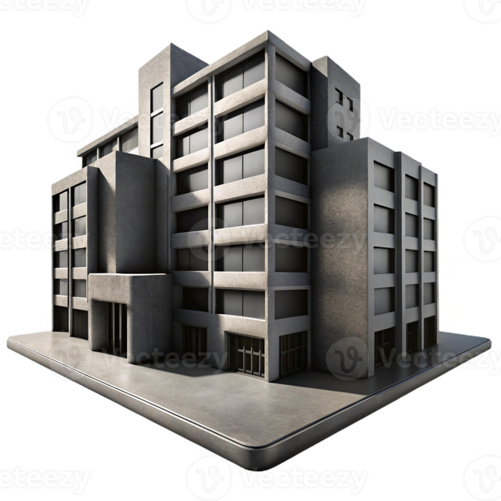 impressive modern A Brutalist concrete apartment complex, dramatically lit by stark shadows and highlights, black and white photography style 4K png