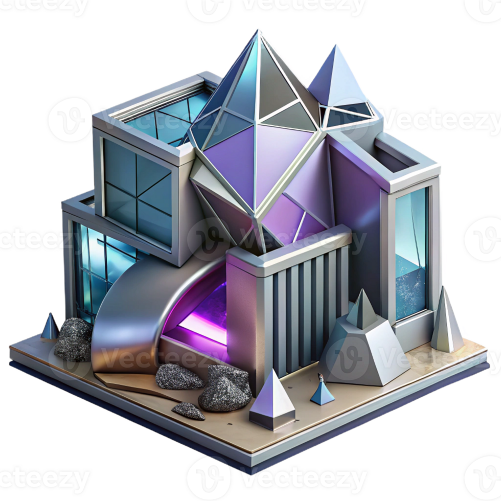 magnificent creative Deconstructivist museum, fragmented geometric shapes, metallic cladding, dynamic composition, neon lighting, highly detailed, Deconstructivist style professional png