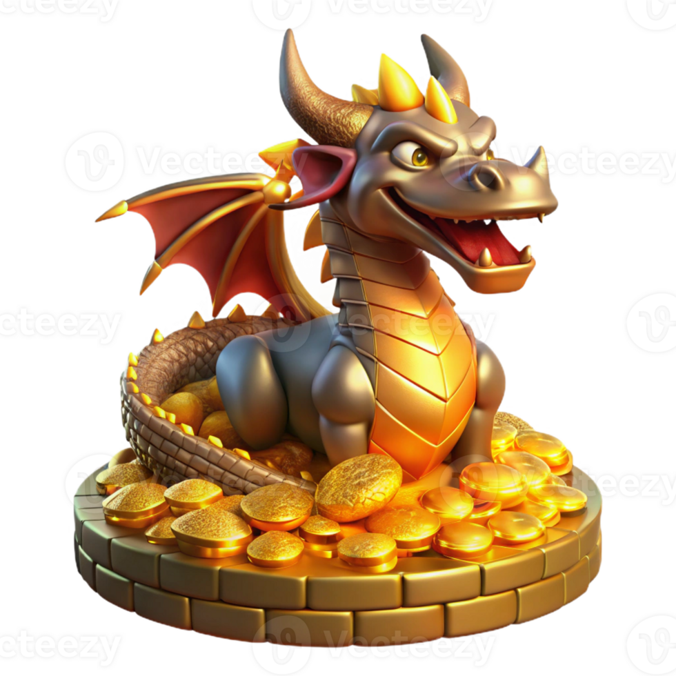 serene vintage A powerful dragon with shimmering scales and fiery breath, perched atop a hoard of gold, illuminated by the warm glow of the treasure. Art Deco style original png
