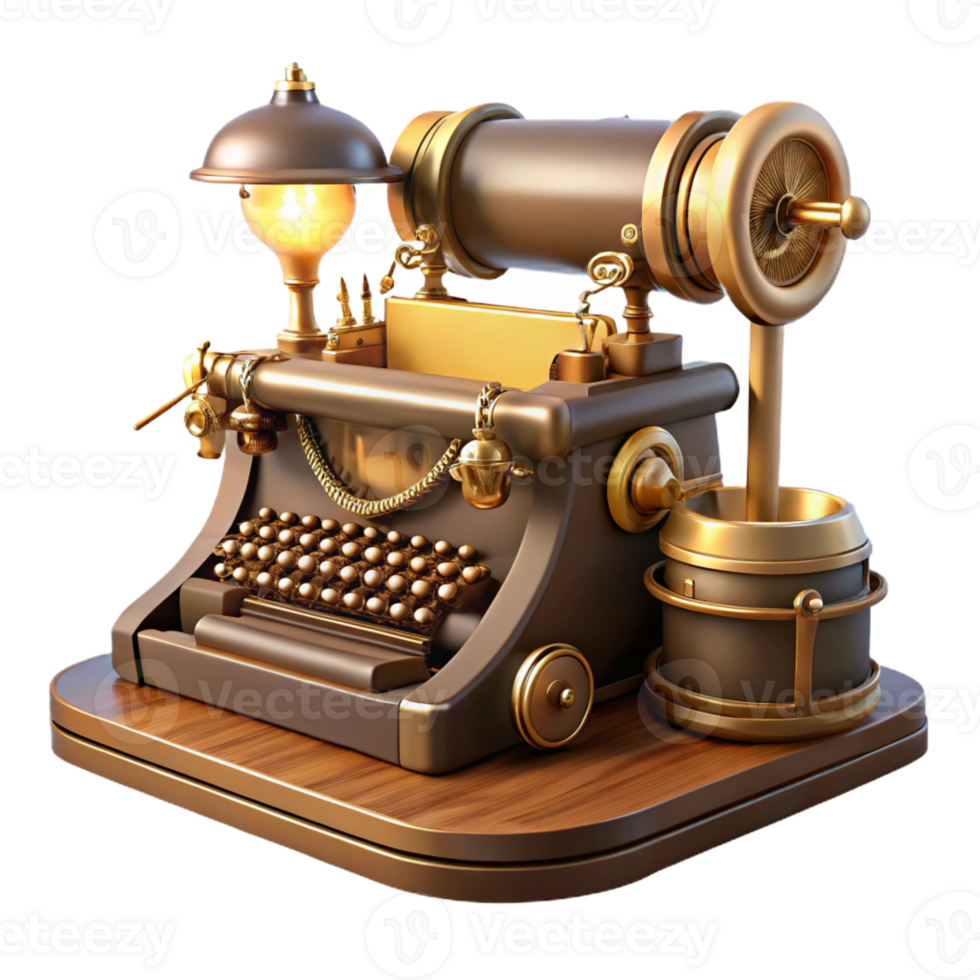 extraordinary minimalist A steampunk typewriter with brass keys, intricate gears, and a scrolling paper feed, sitting on a polished wooden desk, lit by a desk lamp authentic png