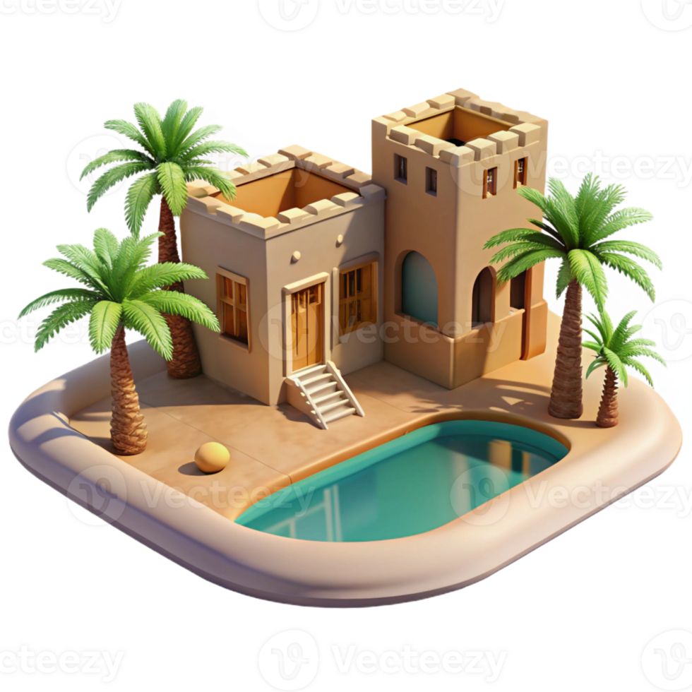 wonderful rustic A desert oasis with palm trees, a shimmering pool of water, and a traditional mud-brick building, bright midday sun. Desert landscape, peaceful atmosphere, realistic rendering premium png