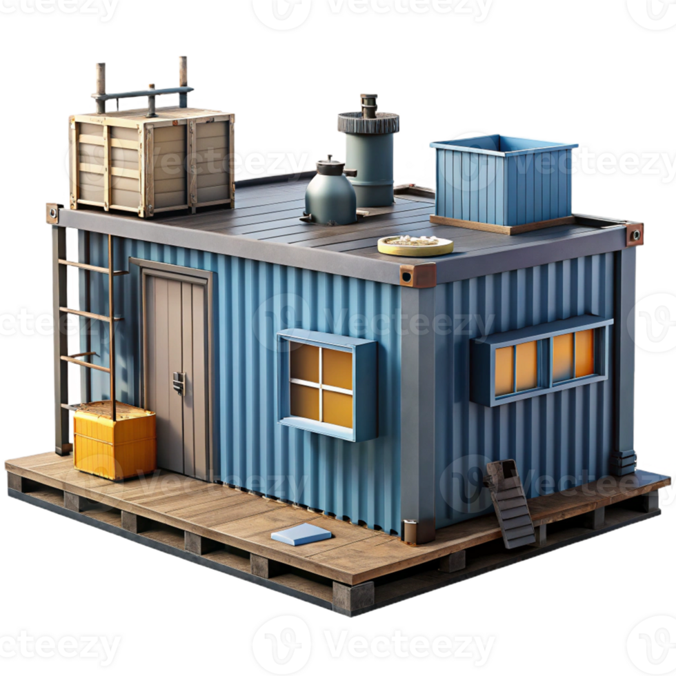 serene contemporary Shipping container house, industrial aesthetic, repurposed materials, upcycled style premium png