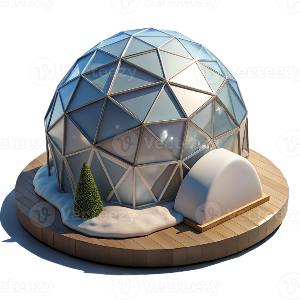 dramatic minimalist A geodesic dome greenhouse in a snowy landscape, winter sunlight, landscape photography high quality png