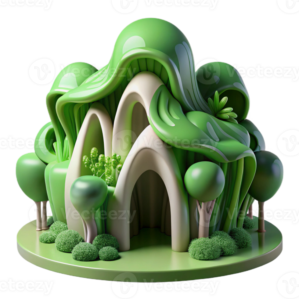 beautiful modern Organic architecture, flowing forms inspired by nature, verdant green materials, soft dappled light, dreamy illustrative style authentic png