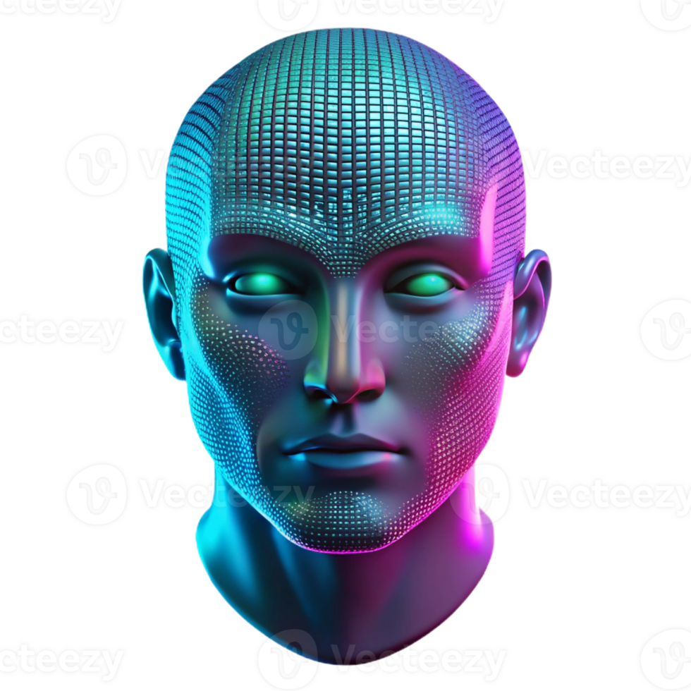 A cascading torrent of binary code forming the shape of a human face, illuminated by pulsing neon light in shades of turquoise and magenta. Synthwave style, abstract art png