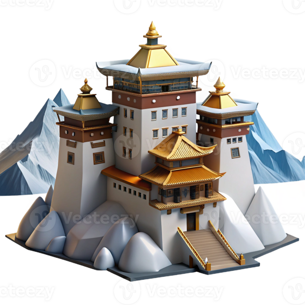 stunning traditional Mountaintop monastery, stone walls, snow-capped peaks, serene atmosphere, Tibetan architecture style exclusive png
