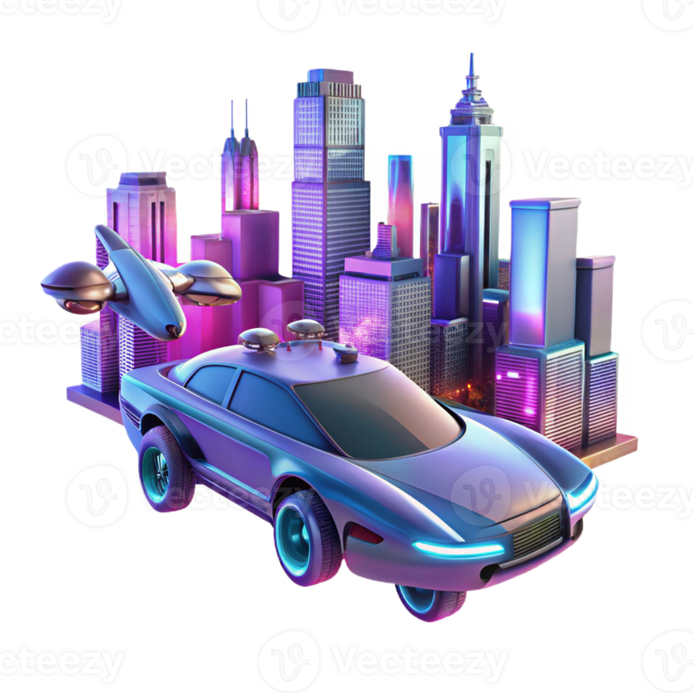 stunning artistic A futuristic flying car soaring above a futuristic city, illuminated by neon signs and flying drones, cyberpunk art style high quality png