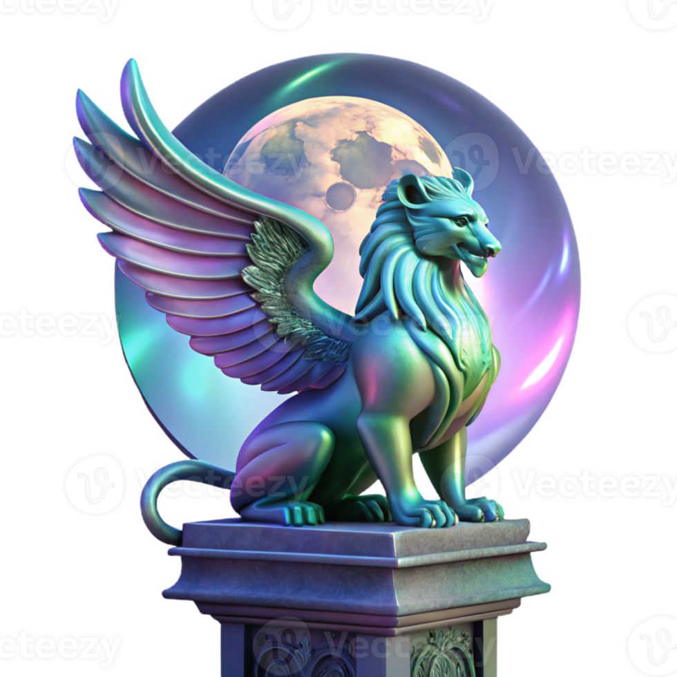 vibrant creative A majestic griffin with iridescent feathers, perched atop a crumbling marble pillar, lit by the ethereal glow of a full moon. Art Nouveau style authentic png