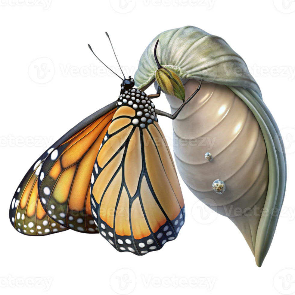beautiful creative A monarch butterfly emerging from its chrysalis, wings still wet and crumpled, macro photography, soft lighting genuine png